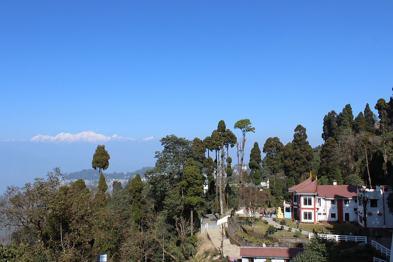 illside town with trees, a red-roofed house, and distant snow-capped mountains under a blue sky.