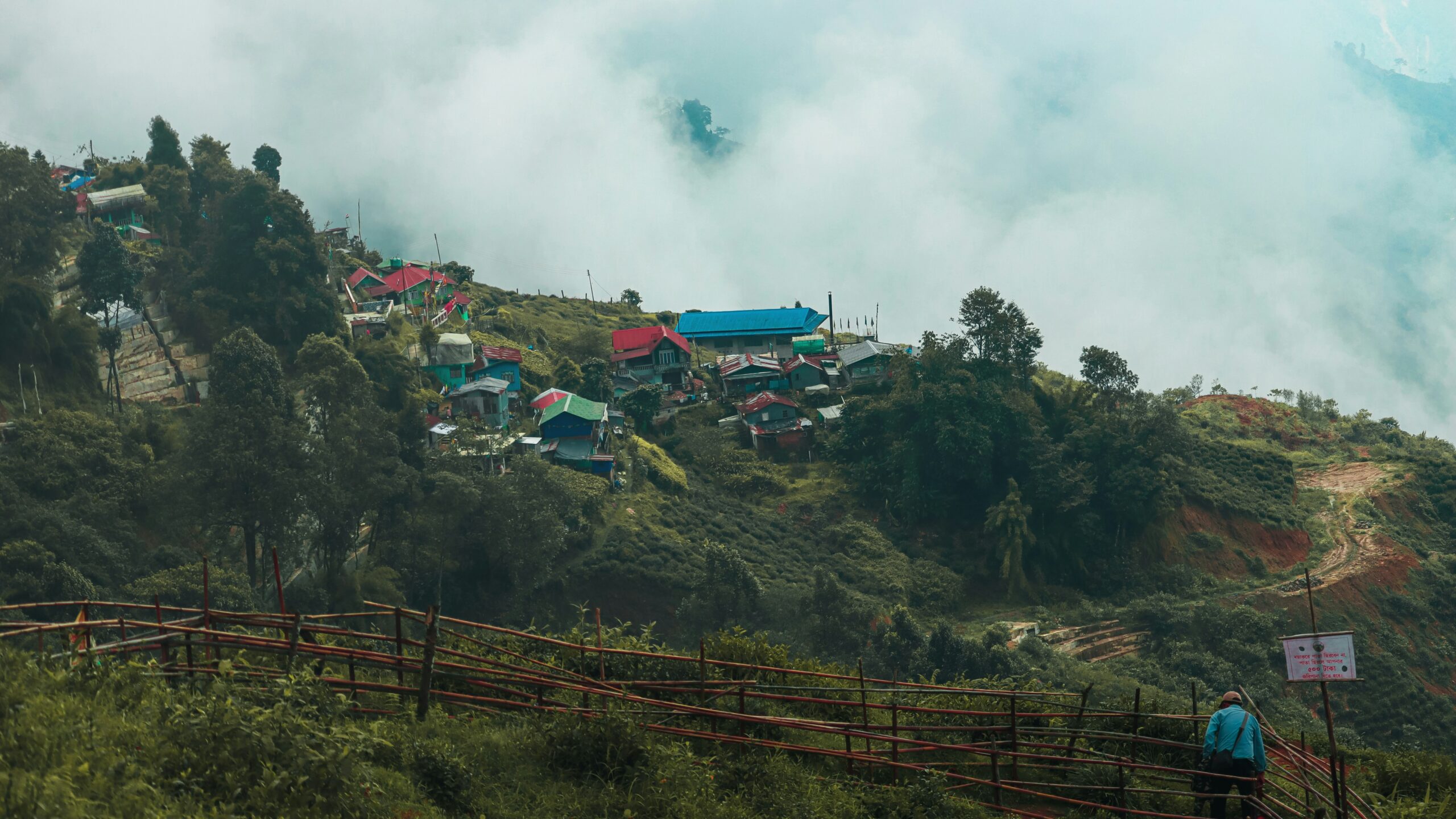 Fog-covered Darjeeling hillside village with colourful houses, trees, and terraced landscape.