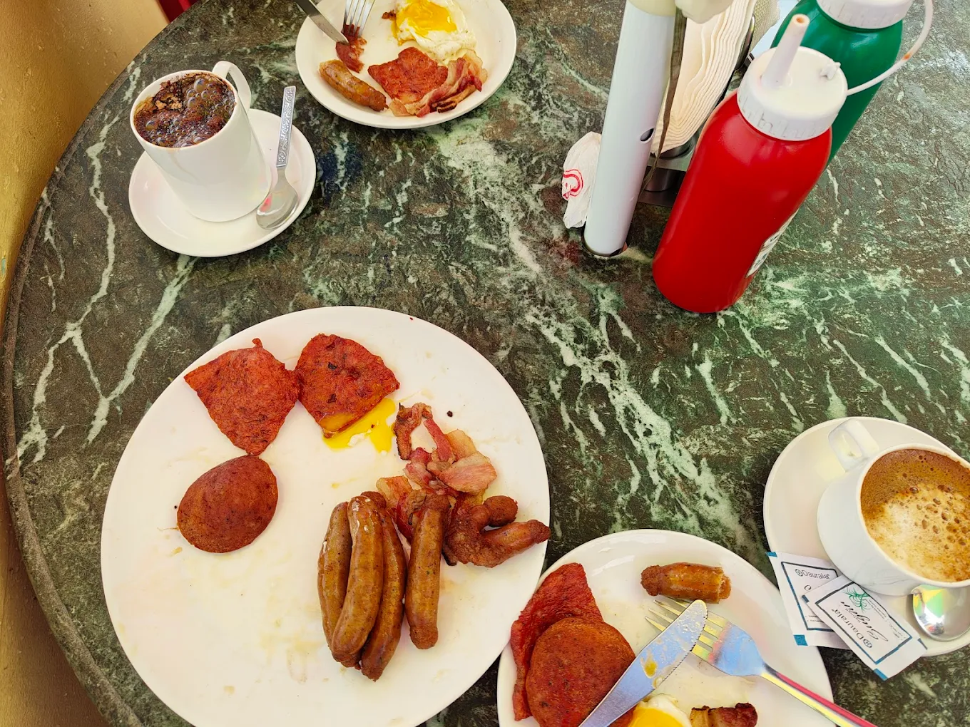 Hearty Breakfast Spread on Marble Table